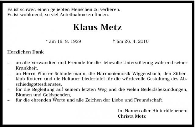 Metz Klaus 1939-2010 Todesanzeige